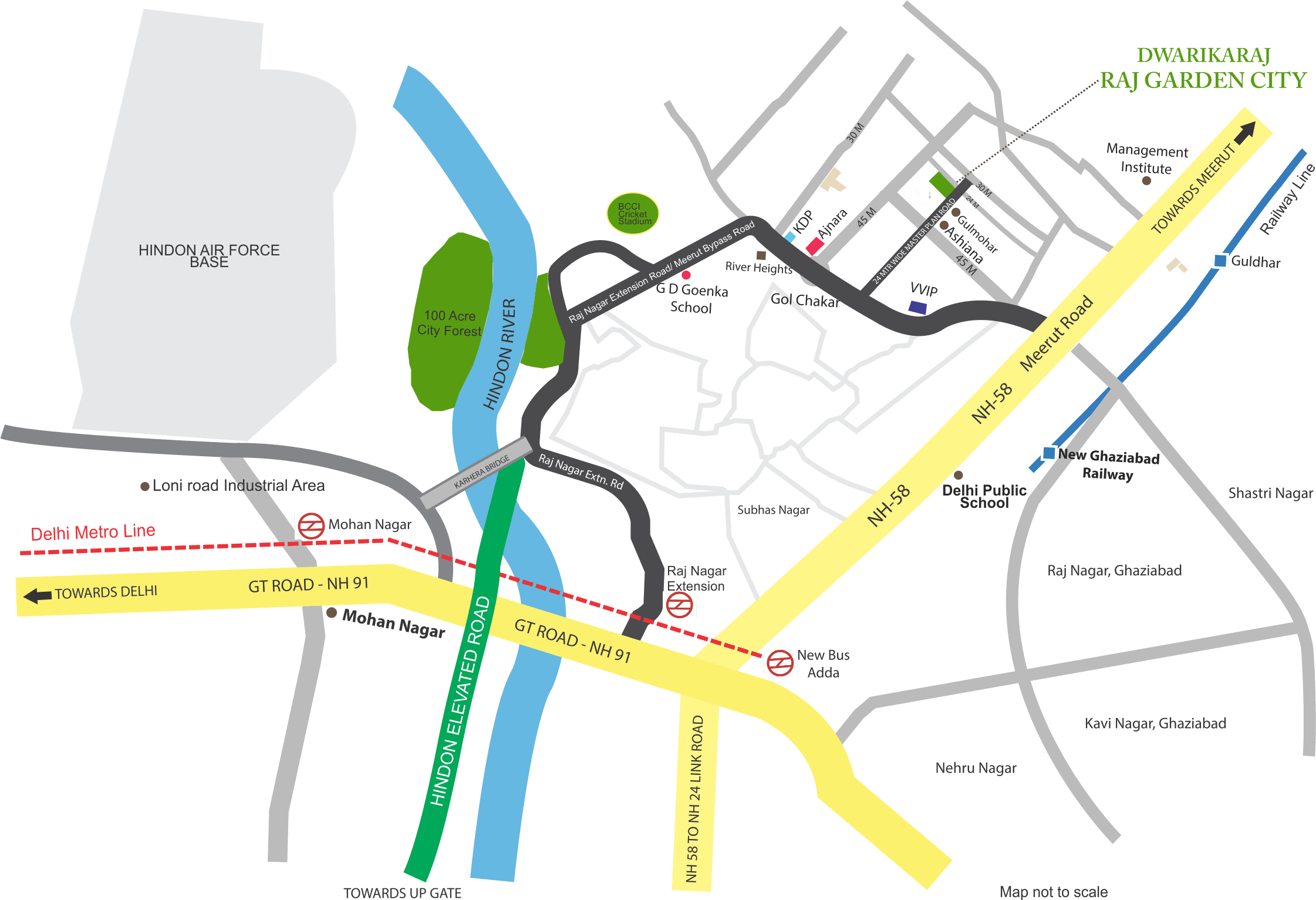 Raj Garden City location map showing proximity to Delhi, NH-58, and key landmarks