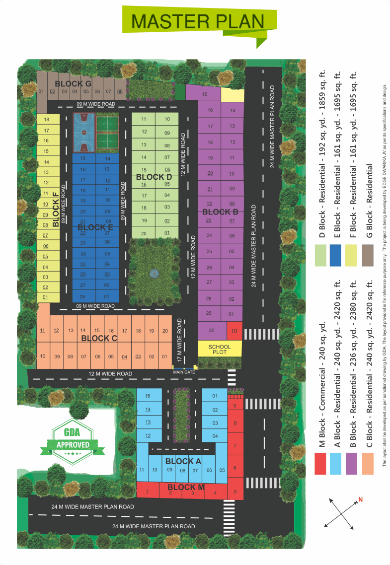 Raj Garden City master plan layout showing blocks A through G, parks, commercial area, school, and internal roads